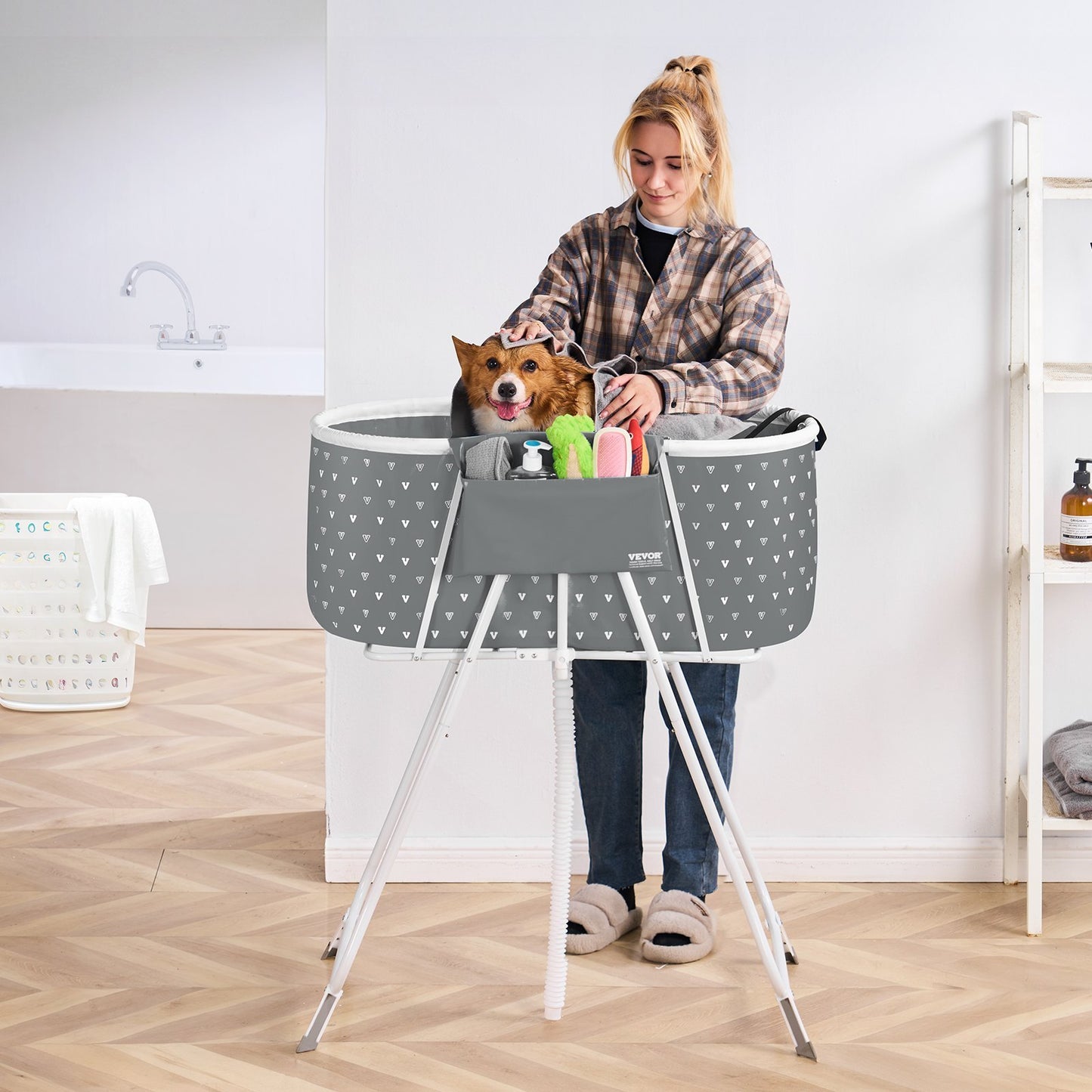 Foldable Dog Bathtub Elevated Grey Shower Station For Small & Medium Dogs & Cats